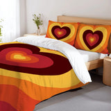 Orange Red 70s Heart Duvet Cover Set: Retro Full Size Microfiber Bedding - retro bedding
