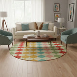 Pastel Colors Boho Round Rug Retro 60s Style Midcentury Area Carpet - 60’’ × 60’’ - retro rug