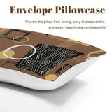 Envelope pillowcase close view in a woodgrain squares print in brown and black