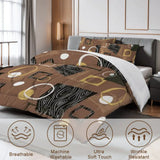 Close view of the woodgrain squares comforter with care icons for breathable and machine washable