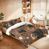 Woodgrain squares comforter set on a bed in a room with wooden shelves and a desk