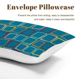 Envelope pillowcase close view in a teal and blue square print