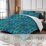 Close view of the square print comforter with care icons for breathable and machine washable
