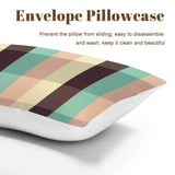 Envelope pillowcase close view in a mint, peach and brown plaid
