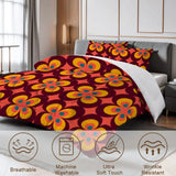 Close view of the flower power comforter with care icons for breathable and machine washable