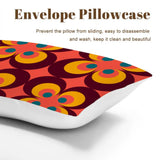 Envelope pillowcase close view in a burgundy, orange and yellow flower power print