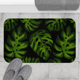 Retro 60s Monstera Pattern Bath Mat | Mid Century Black Green Decor - 34’’ × 21’’ - retro bathroom