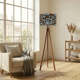 Retro 60s Scandi Tripod Floor Lamp: Brown Blue Pattern Shade Smart LED Remote - retro floor lamps