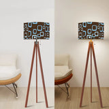 Retro 60s Scandi Tripod Floor Lamp: Brown Blue Pattern Shade Smart LED Remote - retro floor lamps