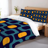 Retro 70s Double Duvet Cover Set: Midcentury Blue Yellow Microfiber Bedding - retro bedding