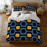 Retro 70s Double Duvet Cover Set: Midcentury Blue Yellow Microfiber Bedding - retro bedding