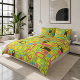Retro 70s Double Sided Printed Duvet Cover Set – Green Midcentury Bedding - retro bedding