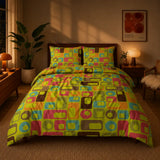 Retro 70s Double Sided Printed Duvet Cover Set – Green Midcentury Bedding - retro bedding
