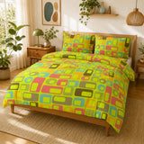 Retro 70s Double Sided Printed Duvet Cover Set – Green Midcentury Bedding - retro bedding