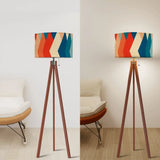 Retro 70s Midcentury Style Floor Lamp: Wooden Tripod Linen Shade Remote - retro floor lamps