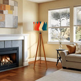 Retro 70s Midcentury Style Floor Lamp: Wooden Tripod Linen Shade Remote - retro floor lamps
