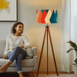 Retro 70s Midcentury Style Floor Lamp: Wooden Tripod Linen Shade Remote - retro floor lamps