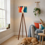 Retro 70s Midcentury Style Floor Lamp: Wooden Tripod Linen Shade Remote - retro floor lamps