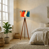 Retro 70s Midcentury Style Floor Lamp: Wooden Tripod Linen Shade Remote - retro floor lamps