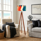 Retro 70s Midcentury Style Floor Lamp: Wooden Tripod Linen Shade Remote - retro floor lamps