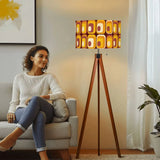Retro 70s Midcentury Style Tripod Floor Lamp: Orange Brown Linen Shade Remote - retro floor lamps