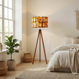 Retro 70s Midcentury Style Tripod Floor Lamp: Orange Brown Linen Shade Remote - retro floor lamps