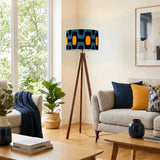 Retro 70s Pattern Table Lamp – Wood Tripod Base Linen Shade - retro table lamps