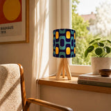 Retro 70s Pattern Table Lamp – Wood Tripod Base Linen Shade - retro table lamps