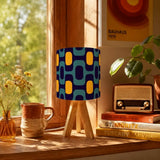 Retro 70s Pattern Table Lamp – Wood Tripod Base Linen Shade - retro table lamps