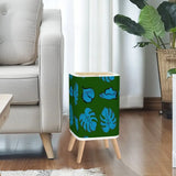 Retro 70s Square Small Trash Can with Lid Dark Green with Blue Leaves - One Size - retro tash cans