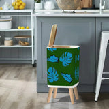 Retro 70s Square Small Trash Can with Lid Dark Green with Blue Leaves - One Size - retro tash cans
