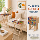Retro Floral Millefiori TV Tray Tables Set with Rack – Foldable Wooden Snack Tables - 4 Pack - retro tv tray