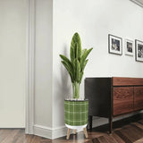 Retro Flower Pot - 70s Scandi Style Plant Pot with Wooden Legs Green Plaid - Home Accessories