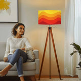 Retro Midcentury Floor Lamp Yellow Orange Red – Tripod Wood Base Linen Shade - retro floor lamps