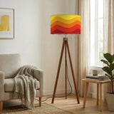 Retro Midcentury Floor Lamp Yellow Orange Red – Tripod Wood Base Linen Shade - retro floor lamps
