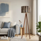 Gray Barnwood Print retro tripod floor lamp with wooden legs and remote, cozy home interior, view 3