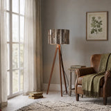 Gray Barnwood Print retro tripod floor lamp with wooden legs and remote, cozy home interior, view 2