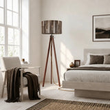 Gray Barnwood Print retro tripod floor lamp with wooden legs and remote, cozy home interior