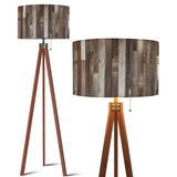 Gray Barnwood Print retro tripod floor lamp with wooden legs and remote, full view and shade close-up