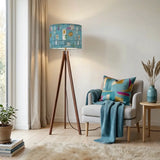 Retro Scandi Tripod Floor Lamp: 1960s Pattern Linen Shade Smart LED Remote - retro floor lamps