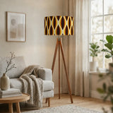 Retro Scandi Wooden Tripod Floor Lamp - 1960s Honeycomb Pattern Print - retro floor lamps