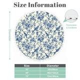 Size chart for blue toile round rug with pom pom edge showing three diameter options