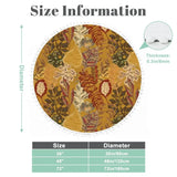 Size chart for mustard leaf-print round rug with pom pom edge showing three diameter options