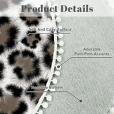Close-up of gray leopard print round rug with gray backing and white pom pom trim
