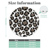 Size chart for gray leopard print round rug with pom pom edge showing three diameter options