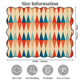 Size chart of red and teal triangle-pattern scalloped area rug showing 144 x 108 in (366 x 275 cm)