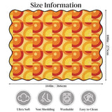 Size chart of orange and yellow circle-pattern scalloped area rug showing 144 x 108 in (366 x 275 cm)
