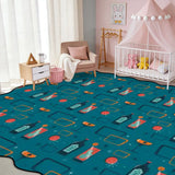 Teal cocktail-motif scalloped area rug in a nursery with crib and pink canopy