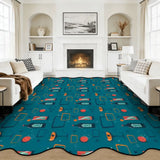 Teal cocktail-motif scalloped area rug in a living room with fireplace and white sofas