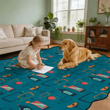 Child and golden retriever on teal cocktail-motif scalloped area rug